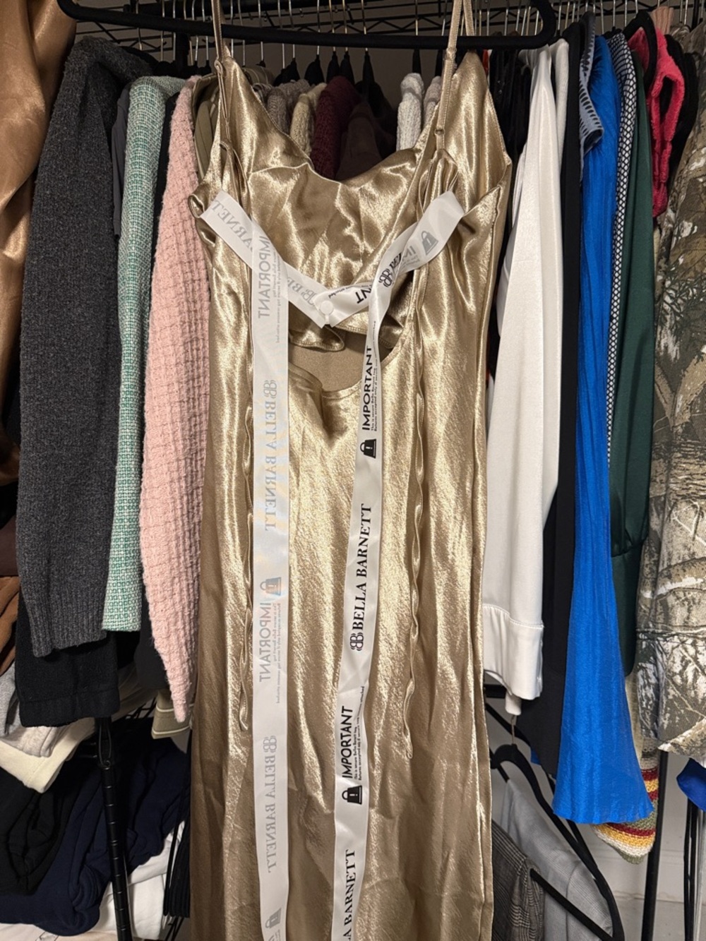 Satin Gold Slip Maxi Dress with Spaghetti Straps - Picture 4 of 4